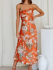 cheap Print Floral Dresses-Women&#039;s Midi Dress Floral Dress Boho Dress Print Dress Fashion Classic Outdoor Vacation Holiday Regular Fit Flower Sleeveless Spaghetti Strap Pink Navy Blue Orange Summer
