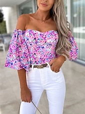 preiswerte Damen Grafik Tops-Damen Boho-Hemd Bluse Blume Modern Boho Langarm Schulterfrei Normale Oberteile Täglich Ausgehen Druck Erröten Sie Rosa Rosa Wein Rote Purpur Sommer