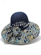 cheap Women&#039;s Hats-Women&#039;s Wide Brim Straw Sun Hat with Colorful Ethnic Print Bow – Boho Style Foldable Beach Hat for Summer Travel and Vacation