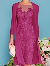 preiswerte Mit Jacke-zweiteiliges Etuikleid in Champagner für die Strandhochzeit, Mutter der Braut, elegantes Hochzeitsgastkleid mit Rundhalsausschnitt, knielang, Chiffonspitze, 3/4-Ärmel, Wickelkleid inklusive Jacke,