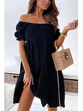 abordables Robes décontractées blanches-Femmes Mini Robe Robe Décontractée Robe d&#039;été Basique Moderne Quotidien Week-end Coupe régulière Uni Manche Courte Épaules Dénudées Noir Blanche Abricot Été
