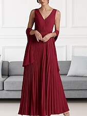 abordables Longueur du plancher-Ligne A Robe de Mère de Mariée  robe demoiselle d honneur Élégant Col en V Longueur au sol Chiffon Sans manches Echarpe incluse avec Perlage Fronces 2025