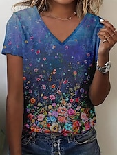 abordables T-shirt floral-Femmes T-shirt Hauts d&#039;été Fleuri Graphique Classique Occasionnel Manche Courte Col en V Hauts courts Quotidien Week-end Imprimé Bleu Été Printemps Automne