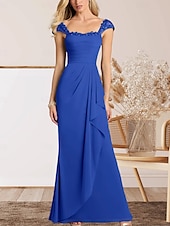 voordelige Vloerlengte-A-Lijn Moeder van de Bruid Jurk Bruiloft Gast Elegante Hartvormige Vloerlengte Chiffon Kap Mouw met Kant Ruching