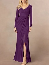 abordables Longueur du plancher-Sirène / Trompette Robe de Mère de Mariée  robe demoiselle d honneur Élégant Col en V Longueur au sol Chiffon manche longue avec Volants Devant Fendu Fronces 2025