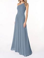 abordables Robes de demoiselle d&#039;honneur-Ligne A Robe de Demoiselle d&#039;Honneur  Une Épaule Sans manches Élégant Longueur au sol Chiffon avec Plis / Fronces 2022