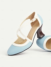 cheap 1920s &amp; Gatsby Era-Women's Light Blue 1920s Vintage Gatsby Crisscross Strap Heels-Retro Style Faux Leather Pumps with Flared Heels for Office, Parties &amp; Inspired Looks