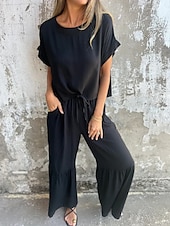 cheap Sets-Women&#039;s Active Basic Cotton Linen Sets Short Sleeve Crew Neck Solid Color Ruffle Casual Daily Black Army Green Orange Summer Regular Fit