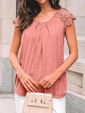 billiga Enkel t-shirt-Damernas T-shirt Enfärgad Plain Mode Stilig Klassisk Korta Ärmar Rund Halsringning Regelbundna Toppar Daglig Helg Spets Lappar Svart Blå Grön Khaki Sommar