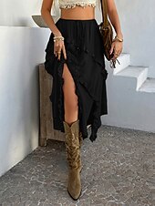 preiswerte Grafische Röcke-Damen Rock A-Linie Mode Lässig Maxi Hohe Taille Röcke Einfach Rüsche Mikroelastisch Urlaub Straße Schwarz Weiß Rote Blau Sommer Polyester