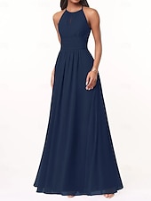 cheap Bridesmaid Dresses-A-Line Bridesmaid Dress Halter Neck Sleeveless Elegant Floor Length Chiffon with Pleats / Ruching