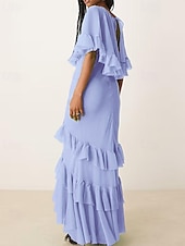 preiswerte Bodenlänge-A-Linie Brautmutter Kleid Rohe Kanten Einfach Minimalistisch Boot-Ausschnitt Bodenlang Chiffon Kurzarm mit Kaskade Rüschen