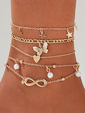 economico Bracciale da donna-Set di cavigliere da donna placcate in oro a strati con ciondoli a forma di farfalla, cuore, stella, infinito e perla - regolabili, stile boho chic per la spiaggia e l&#039;abbigliamento casual