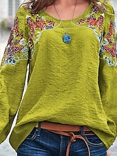 billige Boho t-skjorte-Dame Bluse Grafisk Stilfull Etnisk Fritid Langermet Crew-hals Vanlige topper Daglig Broderi Grønn Sommer Vår