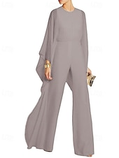abordables Costumes-pantalons pour maman-Combinaison cape  pantalon Robe mère de la mariée Élégante Simple Minimaliste Col rond Longueur de sol Chiffon Manches 3/4 avec fronces