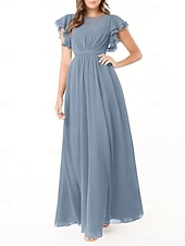 baratos Vestidos para Madrinhas-Vestido de dama de honra em corte A, gola redonda, manga longa, elegante, longo, chiffon com pregas / franzido 2025