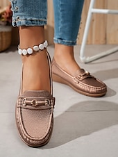 abordables Chaussures sans lacet et mocassins femme-Mocassins pour femme en similicuir métallisé avec mors doré, chaussures plates confortables à enfiler pour la conduite, le travail et les sorties décontractées