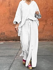 abordables Ensembles-Femmes Actif Basique Ensembles en coton et lin manche longue Col en V Couleur Unie Décontracté Quotidien Noir Blanche Jaune Été Coupe régulière