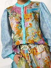 abordables Ensembles-Femmes Mode Streetwear Chemises en coton et lin Ensembles en coton et lin Ensembles de Shorts manche longue Col de chemise Usine Imprimé Tenue quotidienne Date Bleu Été Coupe régulière