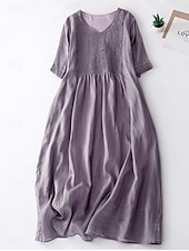 ieftine proiectează rochii din bumbac și in-Rochie midi din bumbac și in pentru femei, rochie tip A, rochie de vară, casual, croială regulată, simplă, mânecă scurtă, guler rotund, alb, albastru, violet, verde, vară