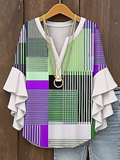 tanie Damskie topy w paski i geometryczne-Damskie Bluzka Graficzny Geometryczny Kratka Zabytkowe Codzienny Elegancki Rękaw 3/4 W serek Zwykłe topy Codzienny Święto Ubrania wakacyjne Falbana Nadruk Żółty Czerwony Niebieski Fioletowy Zielony
