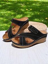 baratos Sandálias plataforma anabela-sandálias femininas de cunha vermelhas e pretas - confortáveis e elegantes com tira ajustável, perfeitas para uso casual e passeios descontraídos