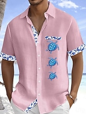 cheap Vacation-Men&#039;s Shirt Linen Shirt Summer Shirt Beach Shirt Button Up Shirt Turtle Vacation Holiday White Pink Sky Blue Green Short Sleeve Turndown Summer Clothing Apparel Front Pocket