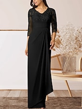 preiswerte Bodenlänge-Säule  Kolonne Mutter der Braut Kleid Hochzeitsgast Elegantes Hoher Schlitz V-Ausschnitt Bodenlanges Chiffon 3/4 Länge Ärmel mit Rüschenapplikationen Raffung