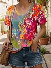 abordables T-shirt Art &amp; Design-Femmes T-shirt A Ombre Fleuri Graphique ancien Élégant Classique Manche Courte Col en V Hauts Réguliers Quotidien Imprimé Rouge Bleu Vert Été Printemps