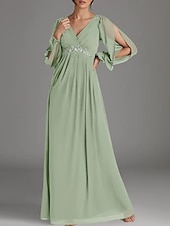 cheap Floor Length-A-Line Mother of the Bride Dress Wedding Guest Elegant V Neck Floor Length Chiffon Long Sleeve with Beading Appliques Ruching
