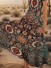 tanie Sukienki boho-Damskie Sukienka maxi Codzienne sukienki Sukienka A line Letnie sukienki Urlop Zabytkowe Etniczne Regularny Graficzny Geometryczny Boho Paisley Damask Krótki rękaw Kwadratowy dekolt Żółty Niebieski