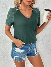 ieftine tricou simplu-Pentru femei Tricou Simplu Modă Stilat Modern Manșon scurt În V Topuri obișnuite Zilnic Sfârșit de săptămână Dantelă Peteci Negru Alb Roșu-aprins Trifoi Vară