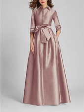 preiswerte GELB-A-Linien-Abendkleid Champagner Gold Minimalistisches Kleid Formal Hochzeitsgast Bodenlang Halber Ärmel Hemdkragen Satin mit Schleife(n) Falten