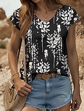 billige Blomstrete tanktop-Dame Bluse Grafisk Planter Årgang Stilfull Klassisk Ermeløs Kortermet V-hals Vanlige topper Daglig Trykt mønster Svart Hvit Sommer Vår