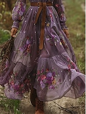 abordables Robes Bohémiennes-Femmes Robe Longue Maxi Robe Robe Décontractée Robe évasée Robe d&#039;été Robe bohème ancien Vacances Quotidien Fête Coupe régulière Fleuri Graphique manche longue Col en V Violet Été