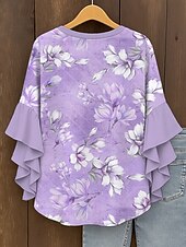 baratos Tops Florais-Blusa Feminina Topos com Mangas em Camadas de Babados Estampas Florais Gráficas Bohemia Vintage Diária Mangas 3/4 V Neck Regulares Topos de Uso Diário de Férias Imprimem Rosa Azul Roxo Verde Verão