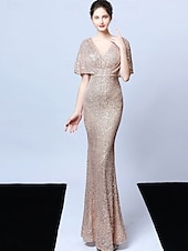 cheap CHAMPAGNE-A-Line Quinceanera Dresses Elegant Dress Formal Wedding Floor Length Short Sleeve V Neck Sequined with Tassel