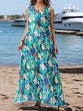 preiswerte Druck Blumen Kleider-Damen Maxikleid A Linie Kleid Sommerkleid Boho Täglich Ferien Normale Passform Grafik Farbblock Ärmellos Rundhalsausschnitt Rosa Rote Grün Sommer