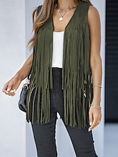 abordables chaquetas casuales-Mujer Chaqueta casual Chaleco Transpirable Cómodo Borlas Casual Plano Vacaciones Calle Casual Ropa Cotidiana Frente Abierto Regular Escote en Pico Ajuste regular Sin Mangas Ropa de calle Negro Rosa