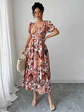 abordables Robes de cocktail-Robe de Quinceanera A-Line Robe élégante Mariage Invité de mariage Longueur thé À manches courtes Col en V Chiffon avec imprimé floral Robe d&#039;invitée de mariage 2025