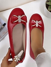 preiswerte Ballerinas für Damen-Damen-Lackleder-Schleifen mit Strass-Detail – klassische Slip-On-Schuhe für erwachsene Frauen, perfekt fürs Büro, tägliche Besorgungen, Abendessen und Feiertagstreffen