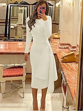 economico Abiti da cocktail-Abiti da cocktail scivolati per matrimoni in spiaggia abito elegante formale autunno lunghezza ginocchio manica lunga scollo gioiello tessuto elasticizzato con pieghe abiti Derby arricciati 2025