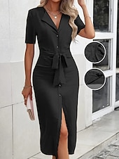 preiswerte Einfaches Kleid-Damen Midikleid Hemdblusenkleid Mode Modern Urlaub Ausgehen Wochenende Normale Passform Einfach Kurzarm Hemdkragen Schwarz Rosa Blau Khaki Sommer