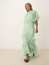 preiswerte Bodenlänge-A-Linie Brautmutter Kleid Rohe Kanten Einfach Minimalistisch Boot-Ausschnitt Bodenlang Chiffon Kurzarm mit Kaskade Rüschen