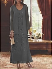 abordables Avec veste-Robe Mère de la Mariée Coupe Deux Pièces à la Plage Invité de Mariage Élégant Étincelle  Brillance Encolure en V Longueur Cheville Chiffon Sequins Manches Longues avec Sequins 2025 taille
