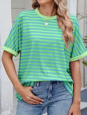 abordables T-shirt rayé et géométrique-Femmes T-shirt Rayé Mode Élégant Moderne Manche Courte Col ras du cou Hauts Réguliers Quotidien Week-end Imprimé Noir Rouge Bleu Vert Été