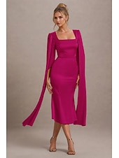 billiga Cocktailklänningar-Senapsgul Klänning Fåll Cape Klänning Havfru  Trumpet Cocktail Klänningar Elegant Klänning Formell Bröllop Gäst Klänning Te Längd Midi Längd Fyrkantig Halsringning Siden