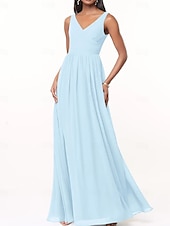 baratos Vestidos para Madrinhas-Vestido de Dama de Honra A-Line Decote V Sem Mangas Elegante Comprimento Total Chiffon com Plissado  Franzido