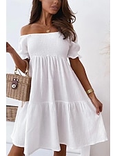 abordables Robes décontractées blanches-Femmes Mini Robe Robe Décontractée Robe d&#039;été Basique Moderne Quotidien Week-end Coupe régulière Uni Manche Courte Épaules Dénudées Noir Blanche Abricot Été