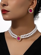 ieftine Colier de damă-Set colier și cercei vintage pentru femei, cu perle – bijuterii elegante din mărgele duble și accente ovale aurii pentru doamne, ideale pentru nunți, petreceri și ocazii formale